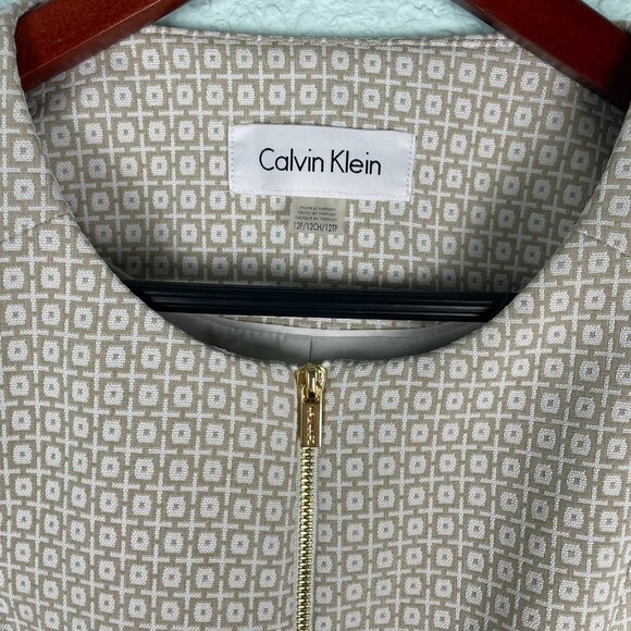 Calvin Klein Women's 12P Dress Jacket Tan & Ivory Jacquard Textured Gold Zippers - Picture 3 of 16